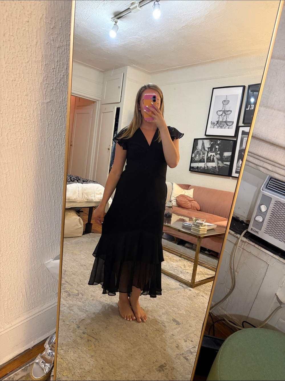 Elegant Black V-Neck Ruffled Hem Women's Dress